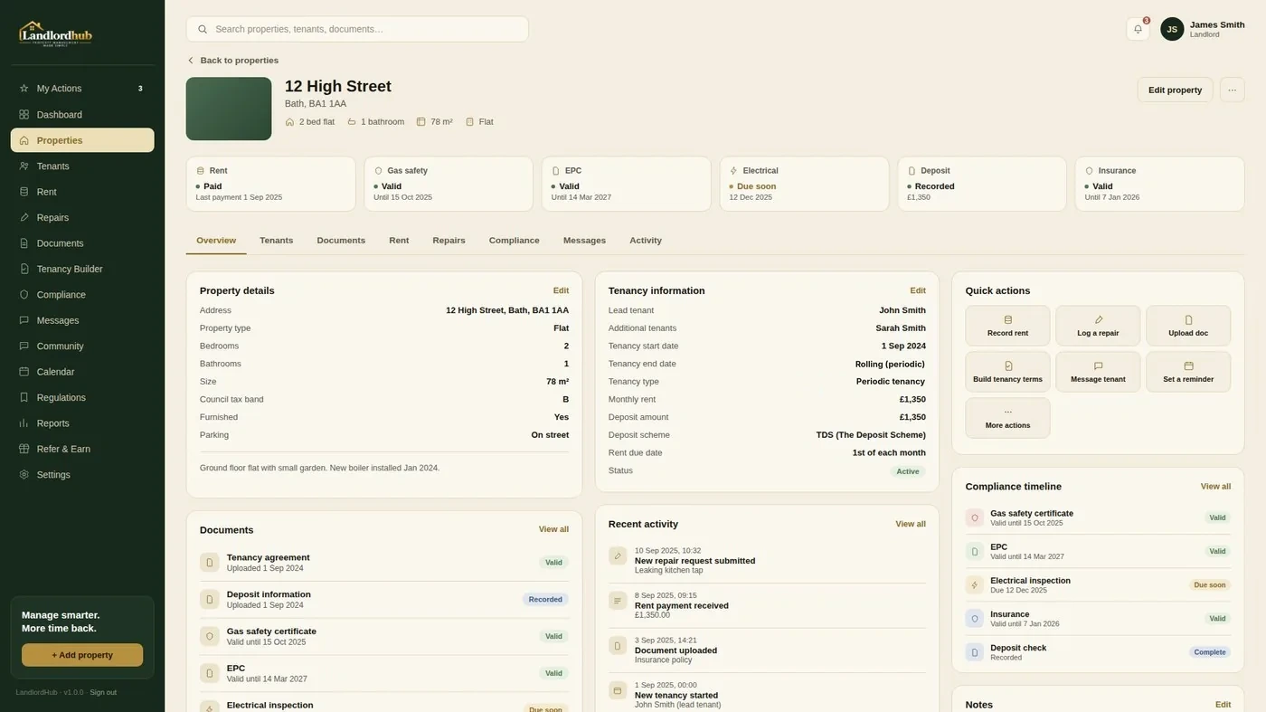 LandlordHub property detail screen showing tenancy and compliance information